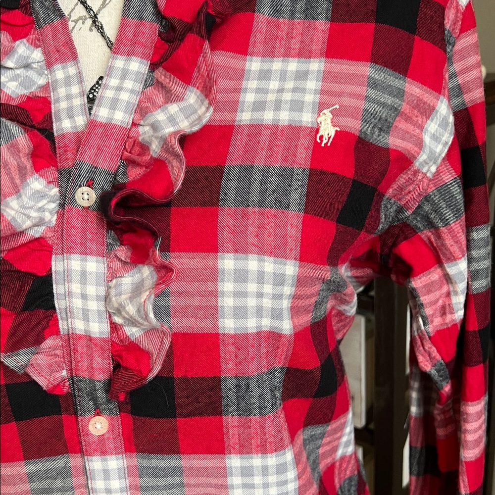 Ralph Lauren Polo Red Black White Gray Plaid Ruffle Dress - Picture 2 of 10